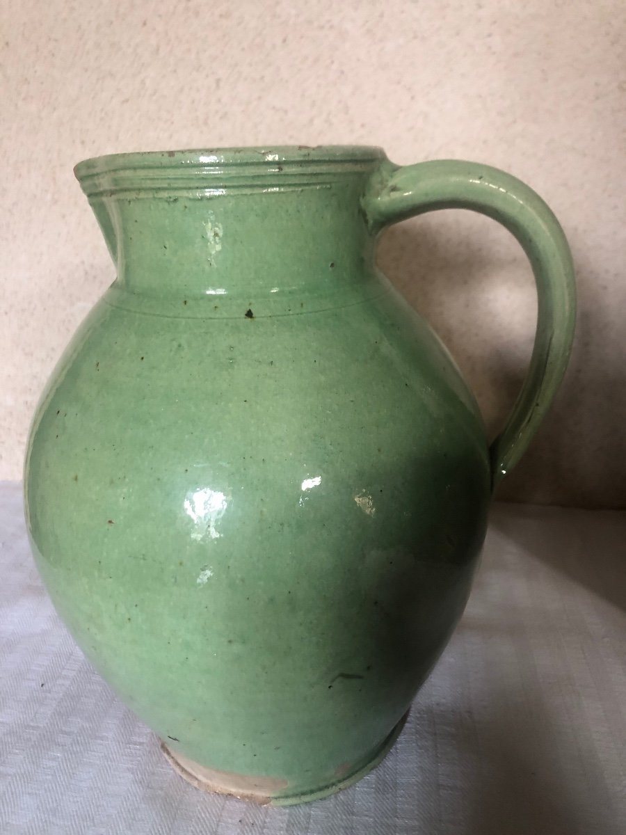 Pitchers, Milk Jugs (x4) In Green Glazed Earthenware. 19th And 20th Century. Sarthe Pottery -photo-6