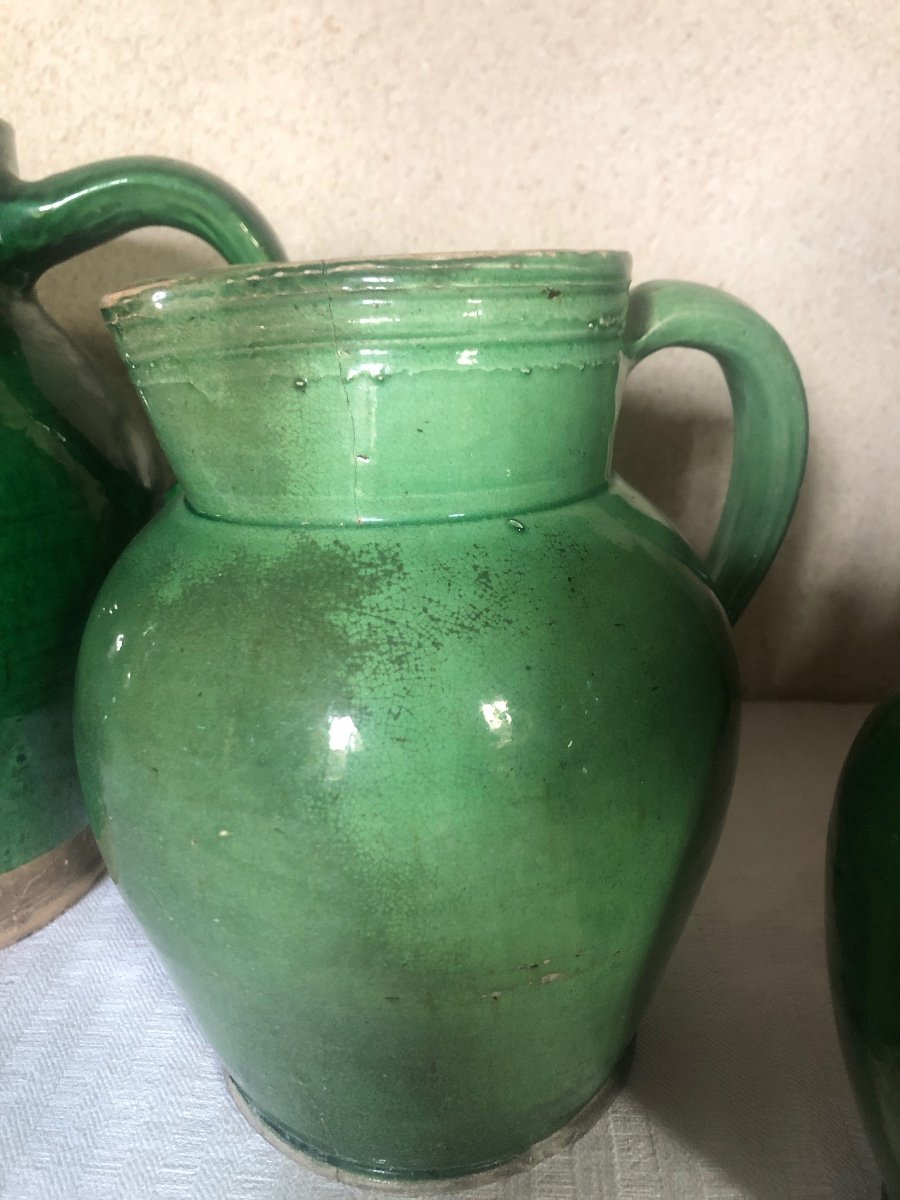 Pitchers, Milk Jugs (x4) In Green Glazed Earthenware. 19th And 20th Century. Sarthe Pottery -photo-7