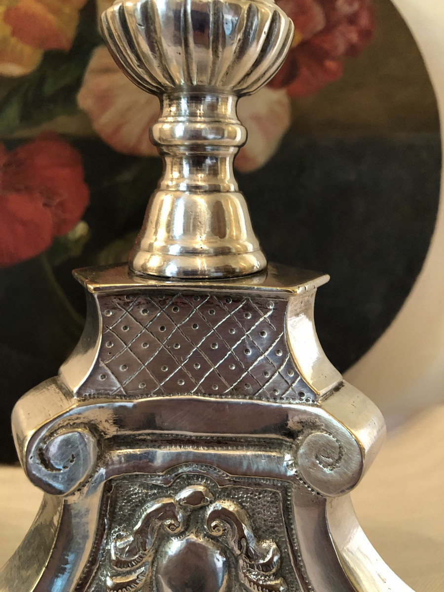 Pair Of Silver-plated Metal Candles. Large Model. 19th Century.-photo-3