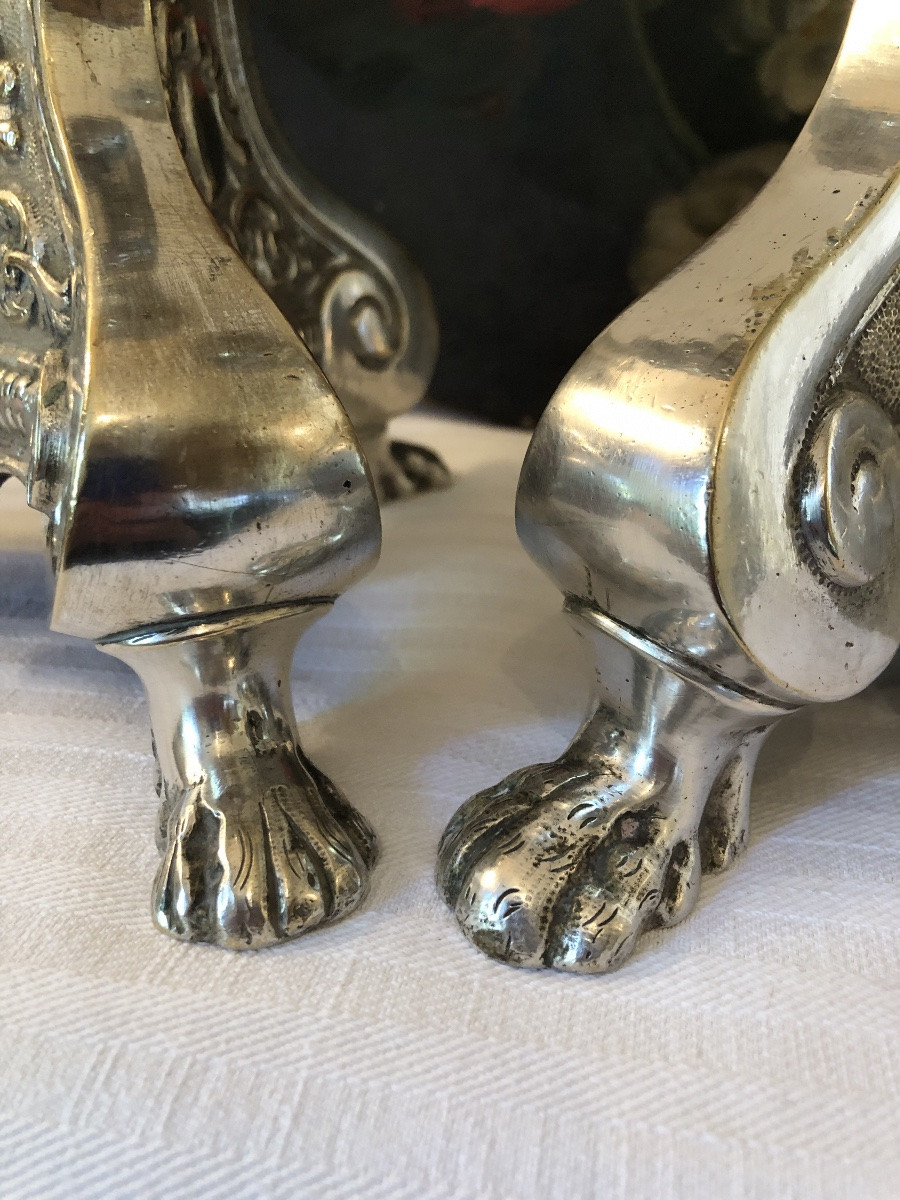 Pair Of Silver-plated Metal Candles. Large Model. 19th Century.-photo-4