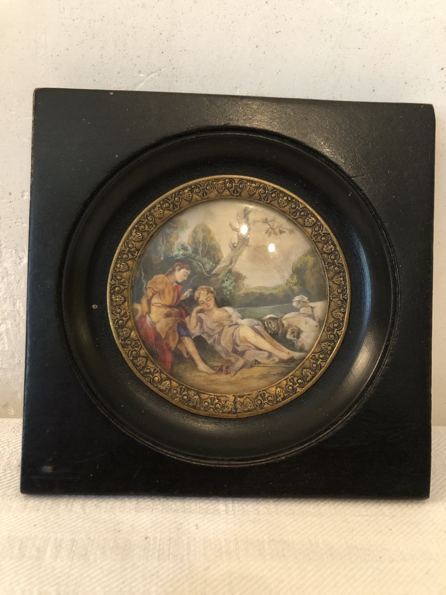 Miniature On Ivory. Gallant Scene Of A Shepherd And His Sleeping Beauty. 19th Century