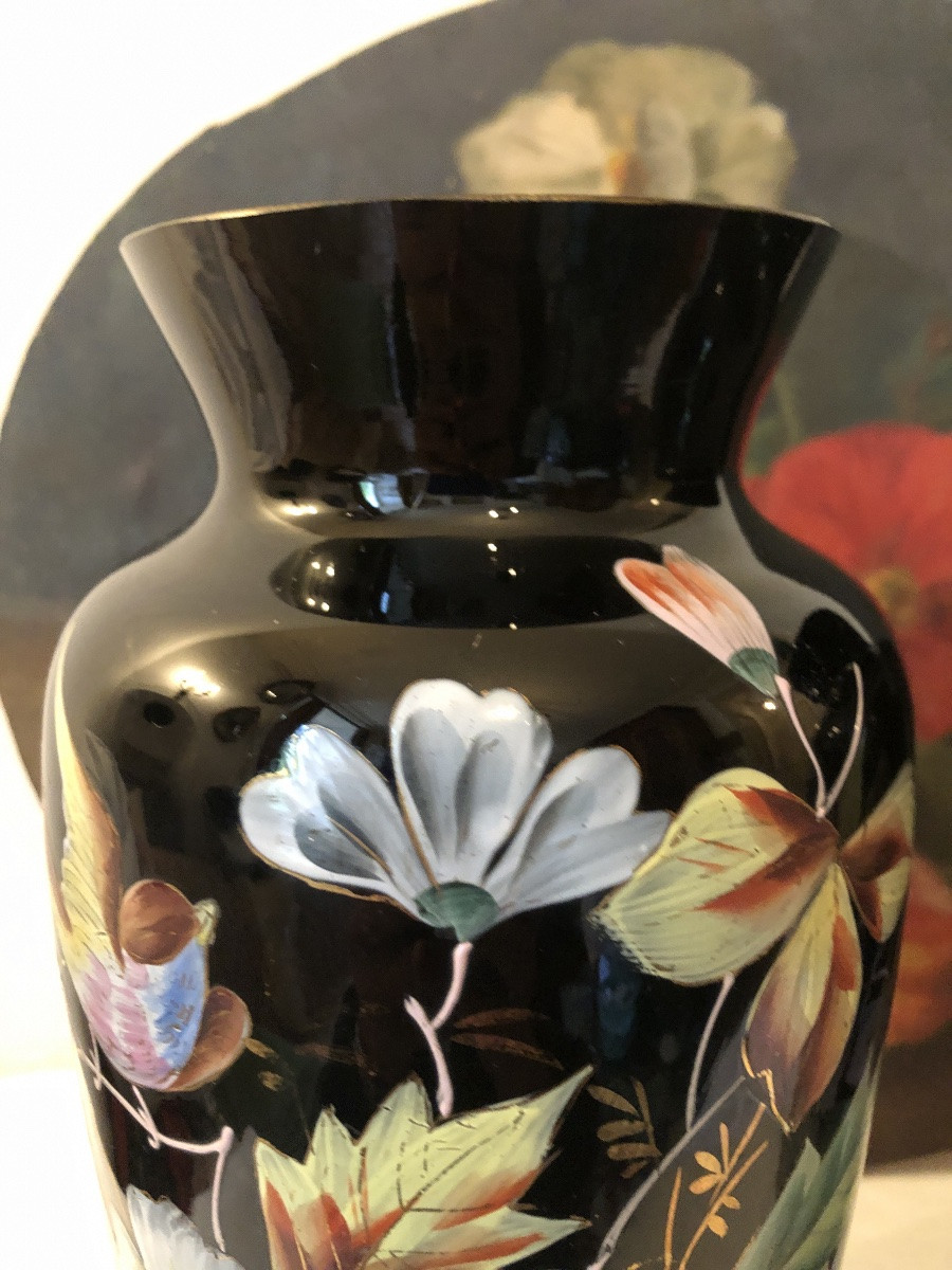 Pair Of Black Opaline Vases, Enameled Decoration Of Flowers And Birds. Early 20th Century -photo-4