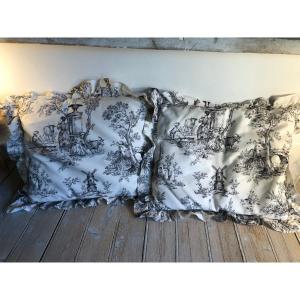 Pair Of Cushions In Toile De Jouy, Pastoral Scene