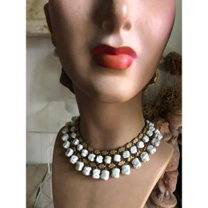 Double Row Necklace In Marbled Stone On Double Brass Setting. 1930s