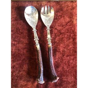 Serving Cutlery In Chiseled Silver Metal, Deer Antler Handles. Monograms. 