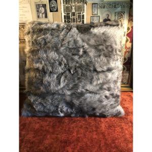 Fur Cushion, Mongolian Goat, Gray Wool Flannel Back. 45 X 45 Cm