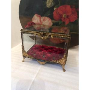 Napoleon III Brass Wedding Box. Beveled Glass Jewelry Box 