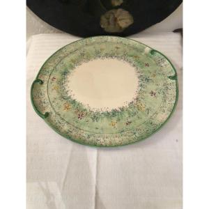 Pie Dish, Green Speckled Ceramic And Small Flowers. 29 Cm