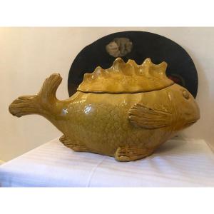 Bouillabaisse Soup Tureen In Yellow Glazed Ceramic From Vallauris. Large Model. 