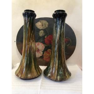 Pair Of Glazed Flamed Stoneware Vases. Bretby. Art Deco Period