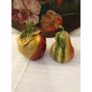 Decorative Fruits In Glazed Terracotta. Apple & Pear. Decorative Objects Early 20th Century 