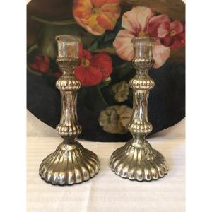 Pair Of Eglomise Glass Candlesticks. 19th Century 