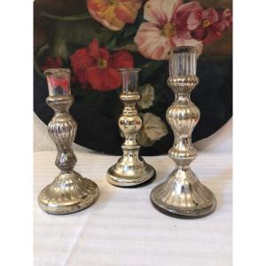 Eglomise Glass Candle Holders (x3) Different Shapes. 19th Century 