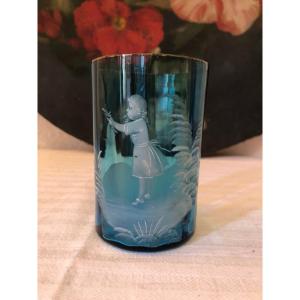 Blue Enameled Glass, Mary Gregory, Country Scene Of Child. Early 20th Century 