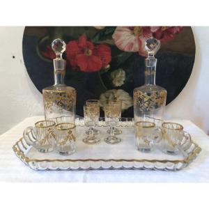 St Louis Liqueur Service. Decanters, Stemmed Glasses And Small Mugs. Gold Decor. 19th Century 