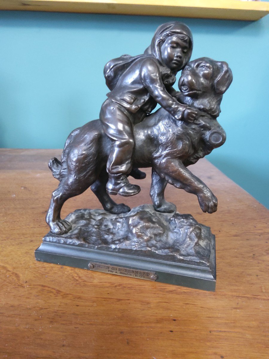 Bronze " Enfant Au Saint Bernard " Par Gaudez