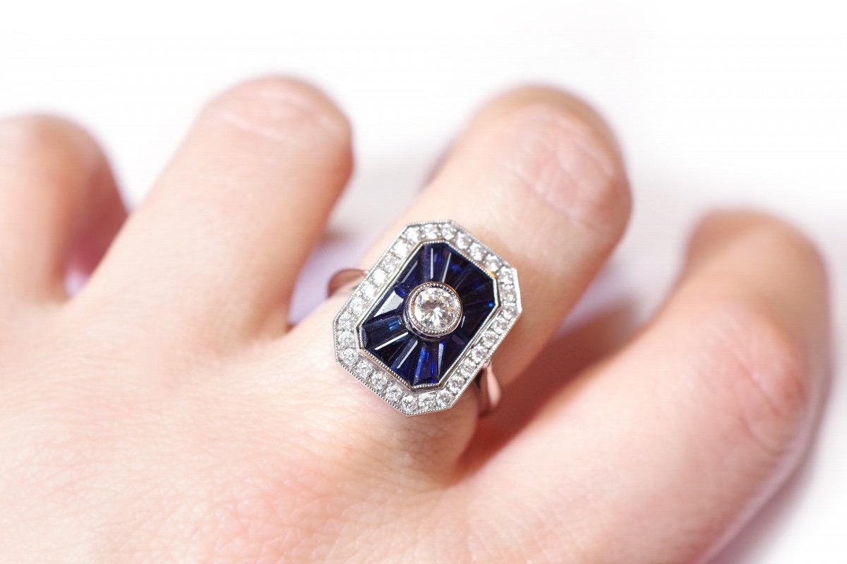 Art Deco Style Sapphire Diamond Ring In White Gold 18 Karats, Wedding Ring, Vintage Jewelry-photo-2