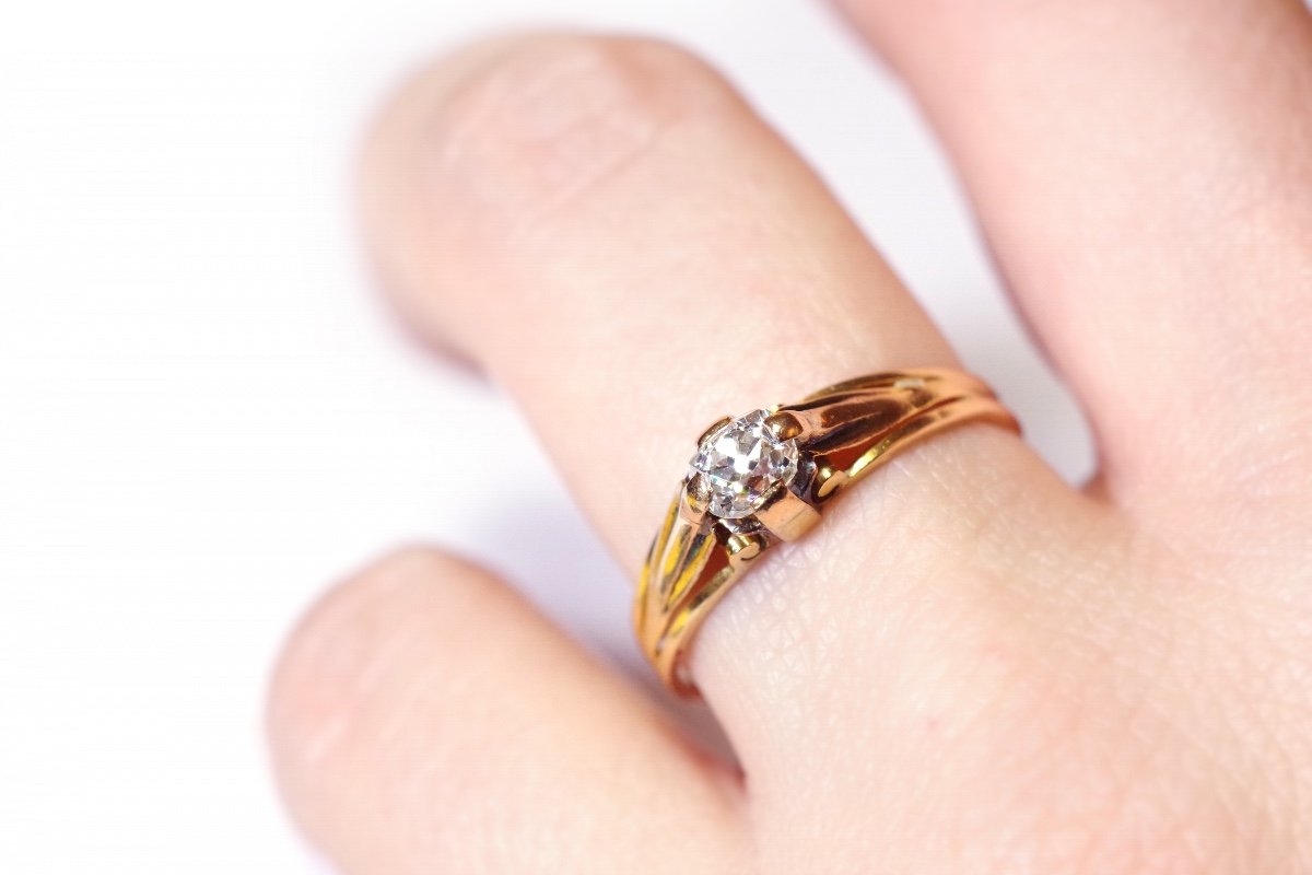 Antique Victorian Solitaire Diamond Ring In 18 Karat Pink Gold, Wedding Diamond Ring-photo-3