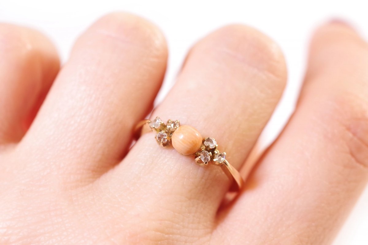 Coral Diamonds Ring In Rose Gold 14k, Wedding Ring, Mid-century Jewelry, Orange Coral Pearl-photo-3