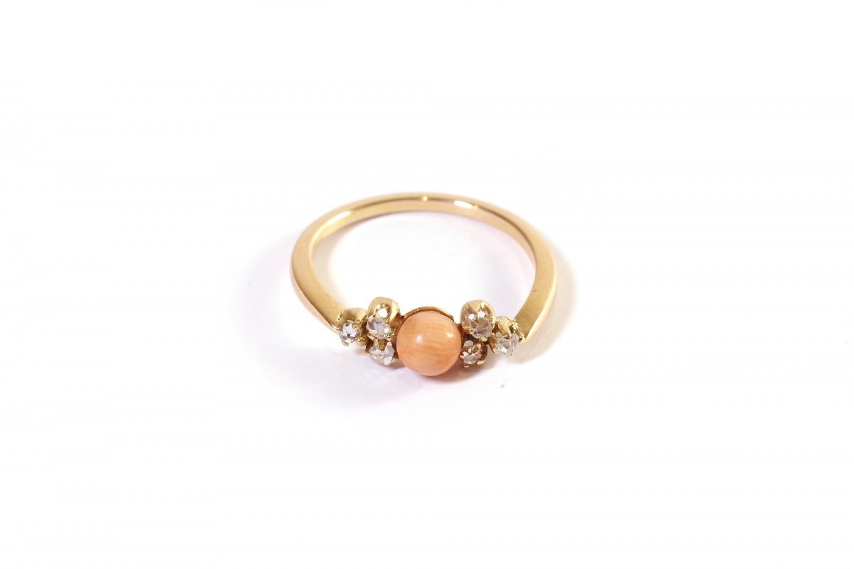Coral Diamonds Ring In Rose Gold 14k, Wedding Ring, Mid-century Jewelry, Orange Coral Pearl-photo-1
