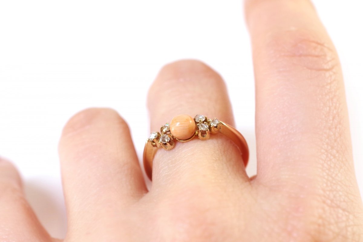 Coral Diamonds Ring In Rose Gold 14k, Wedding Ring, Mid-century Jewelry, Orange Coral Pearl-photo-5