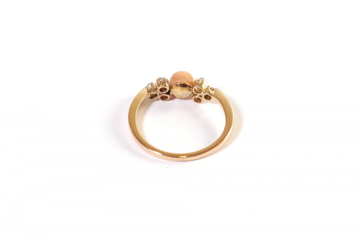 Coral Diamonds Ring In Rose Gold 14k, Wedding Ring, Mid-century Jewelry, Orange Coral Pearl-photo-6