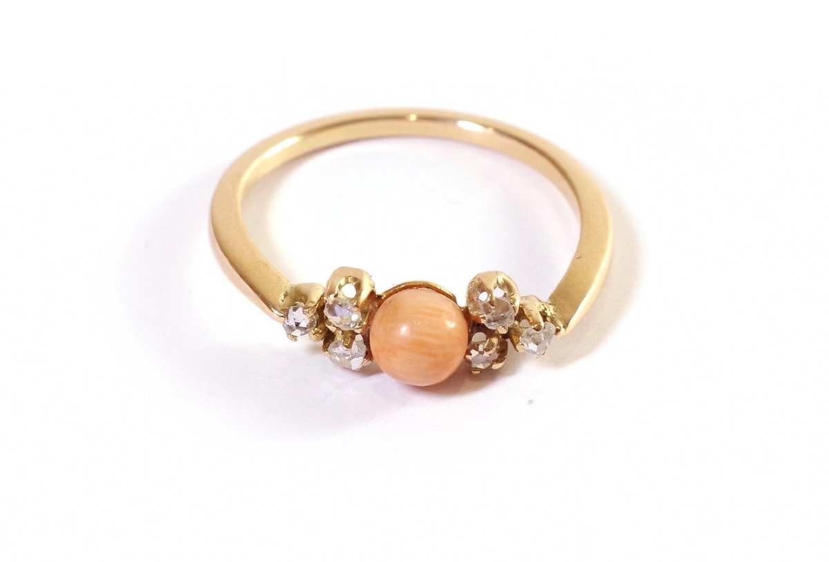 Coral Diamonds Ring In Rose Gold 14k, Wedding Ring, Mid-century Jewelry, Orange Coral Pearl