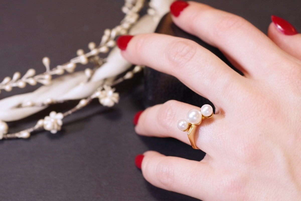 Modernist Pearl Ring In 18k Gold, Cultured Pearl, Mid-century Jewelry, White Pearl, Geometric-photo-5