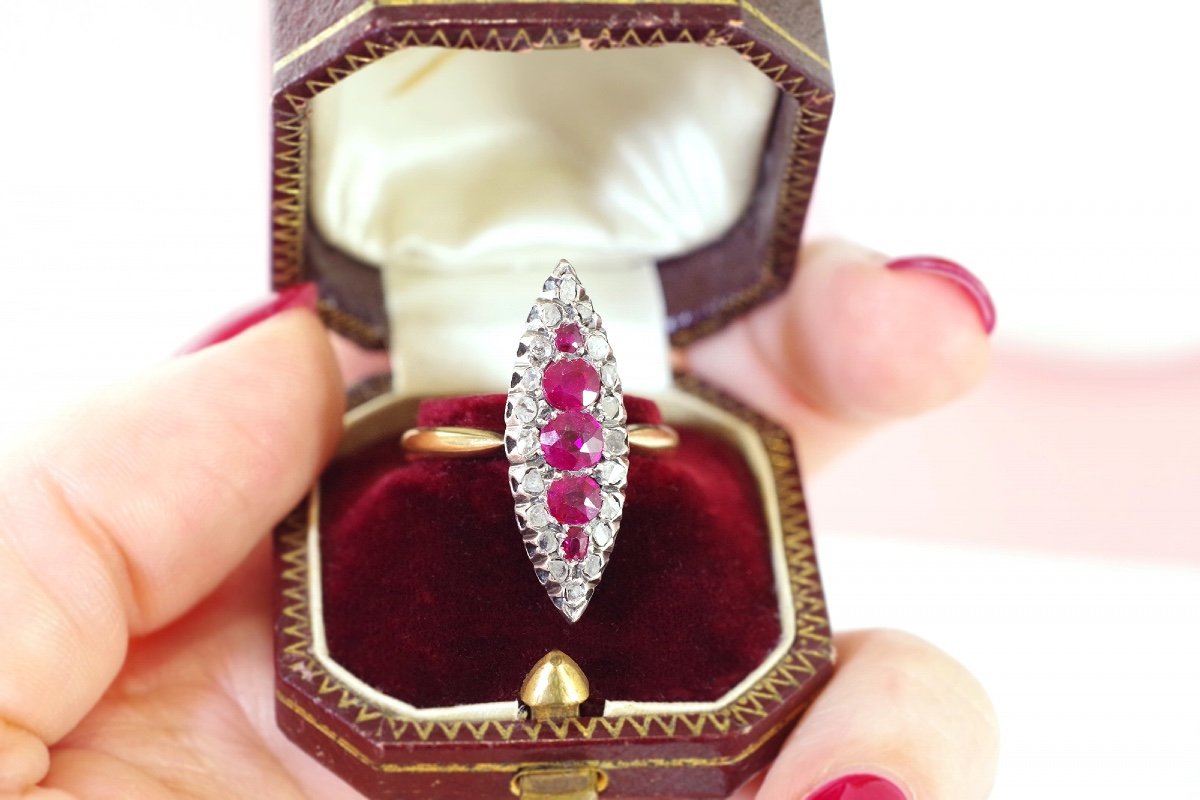 Bague Marquise Rubis Et Diamants En Or 18k Et Argent, Bague Navette Ancienne, Taille Rose-photo-3