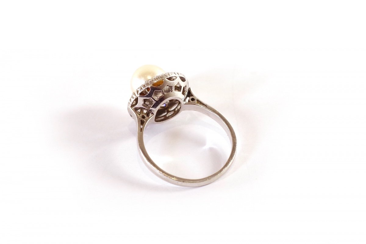 Proantic: Bague Perle Et Diamants Taille Ancienne - Or Jaune Et Plati