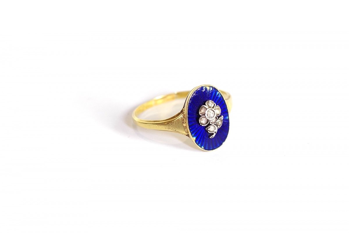 Flower Enamel Secret Locket Ring In 18k Gold, Blue Enamelled Guilloché, Secret Ring-photo-2