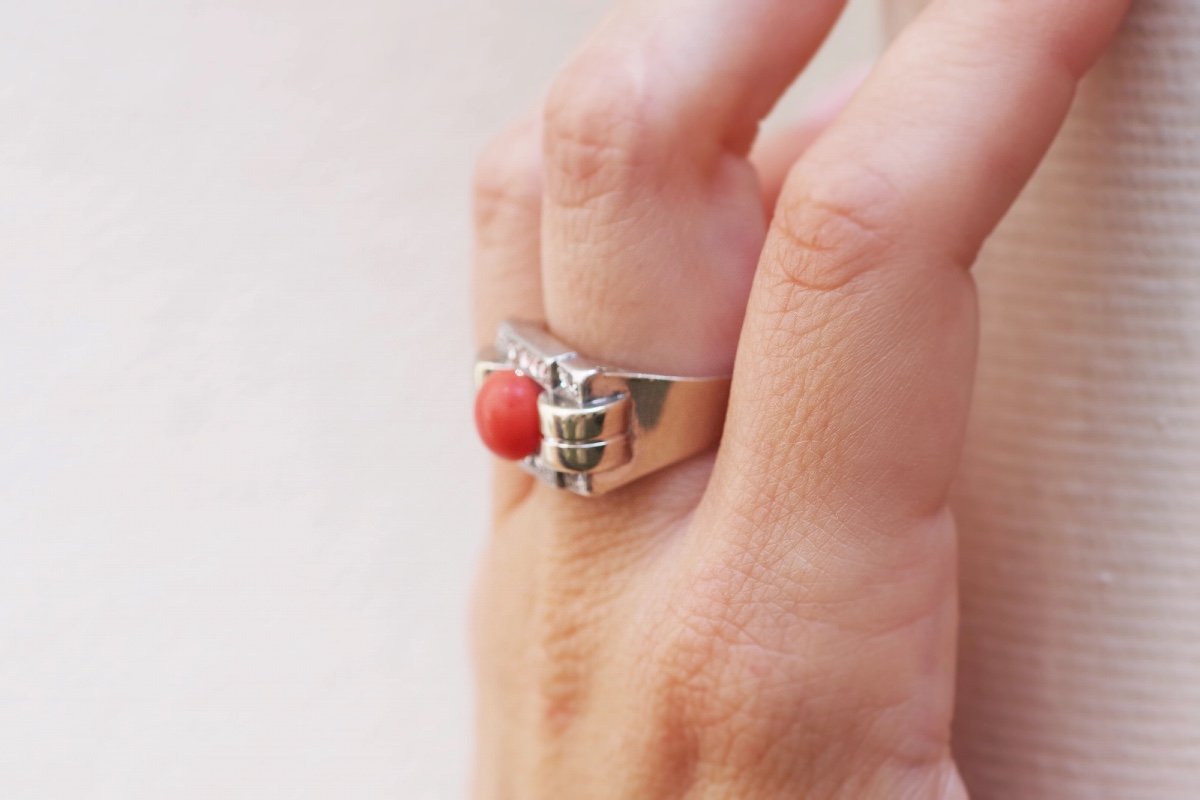 Bague Tank Diamants Corail En Or 18k Et Platine, Bague Tank, Cabochon Corail-photo-2