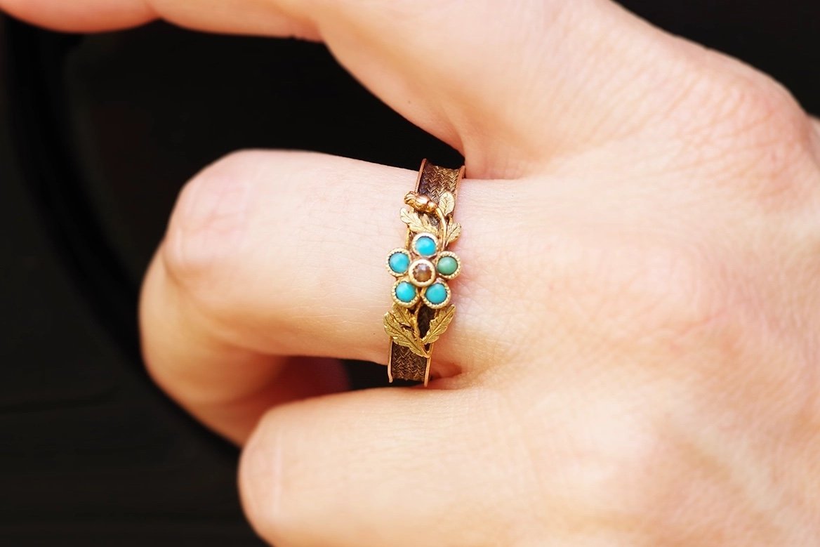 Bague Ancienne Fleur Turquoises En Or Rose 18k, Bague Souvenir, Bague Myosotis-photo-2