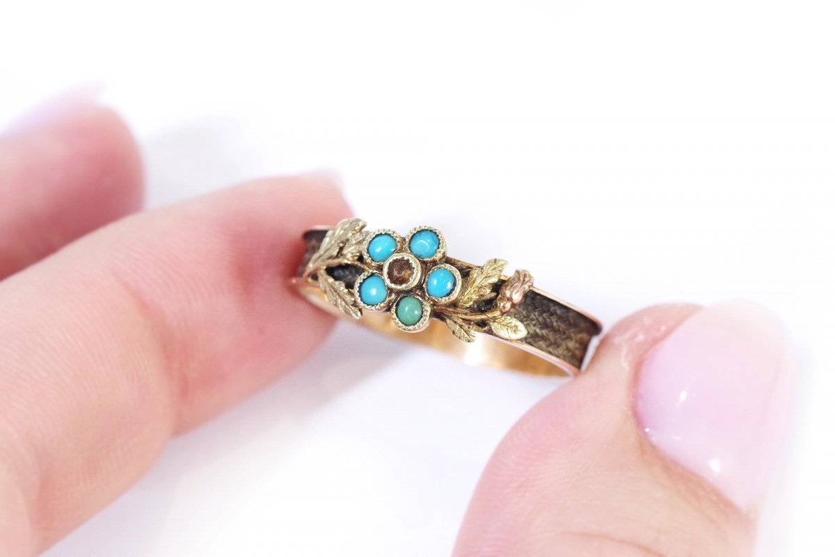 Forget-me-not Turquoise Ring In 18k Rose Gold, Braided Hair, Antique Memento Ring-photo-3