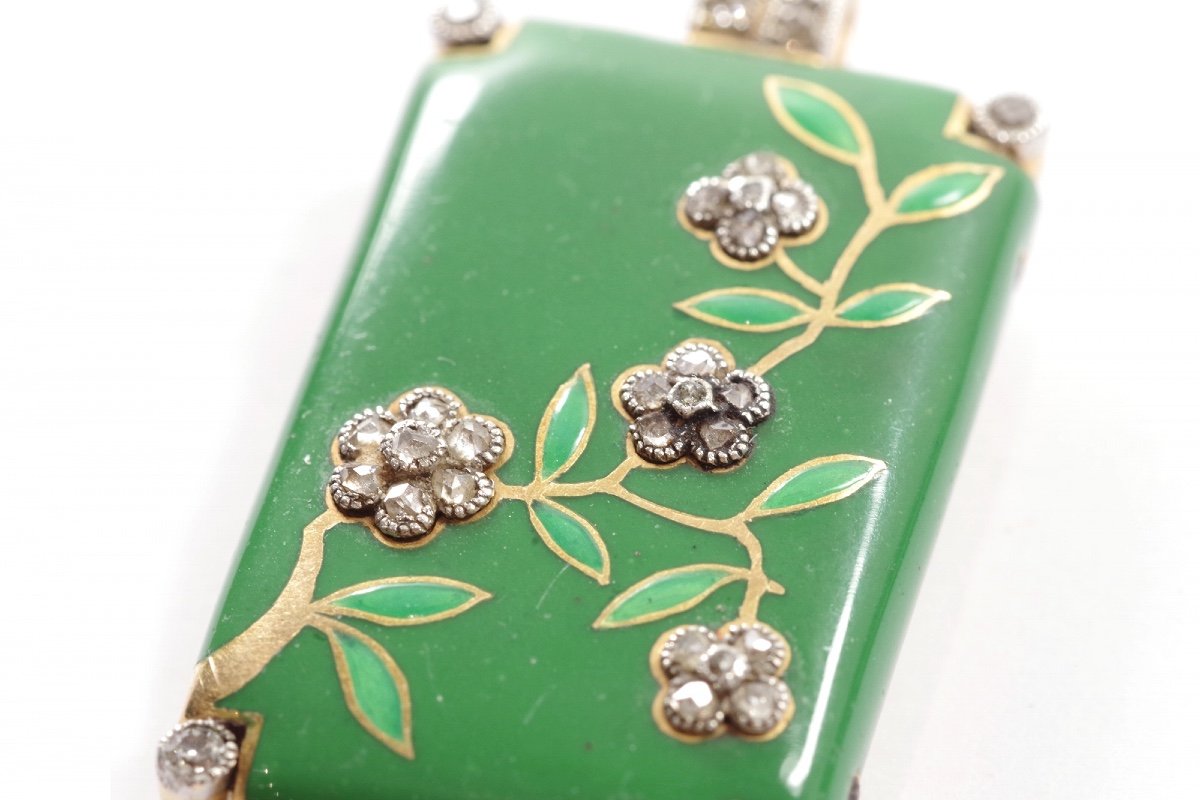 Art Deco Enamel Pendant Watch In 18k Gold And Platinum, Flowers, Rose Cut Diamond-photo-3