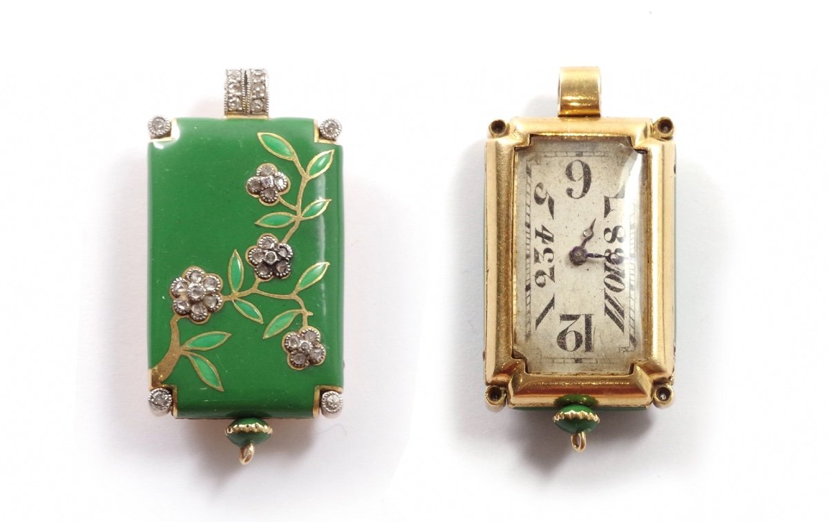 Art Deco Enamel Pendant Watch In 18k Gold And Platinum, Flowers, Rose Cut Diamond