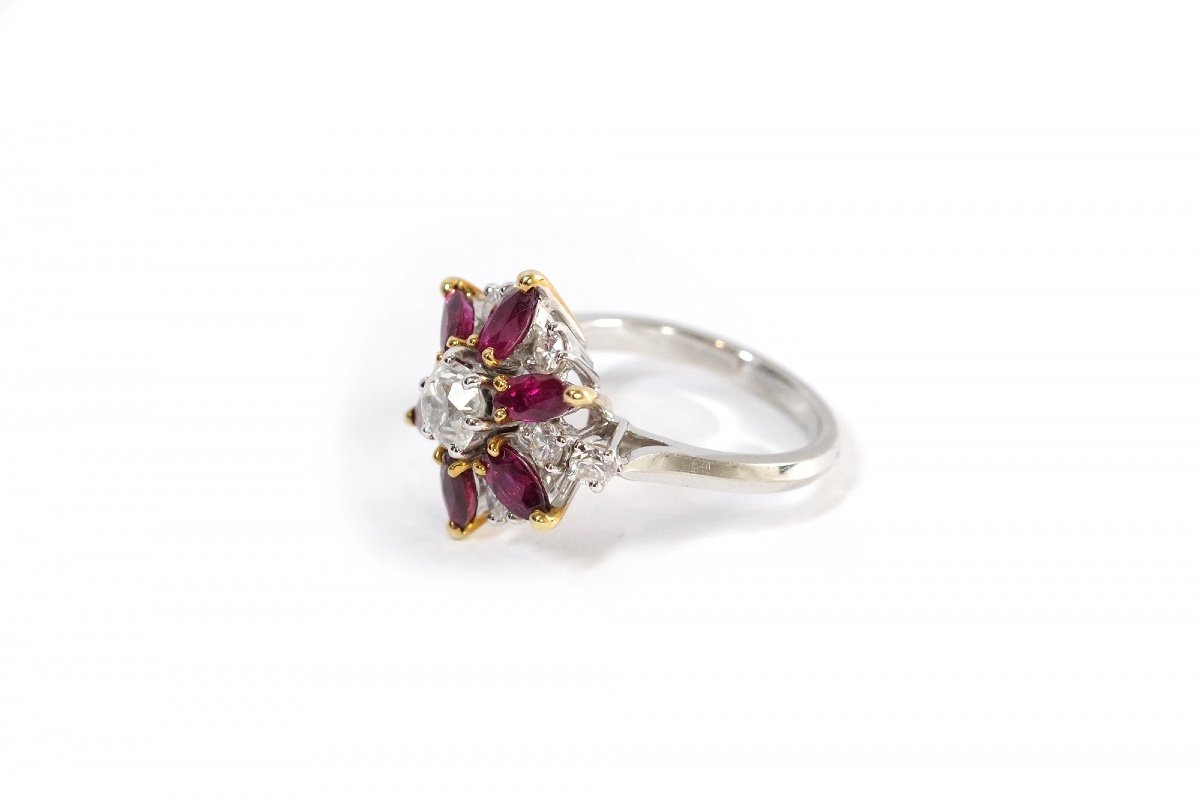 Marguerite Diamond Ruby Ring In 18k Gold, Cluster Ring, Ruby, Old Mine Cut Diamond-photo-3