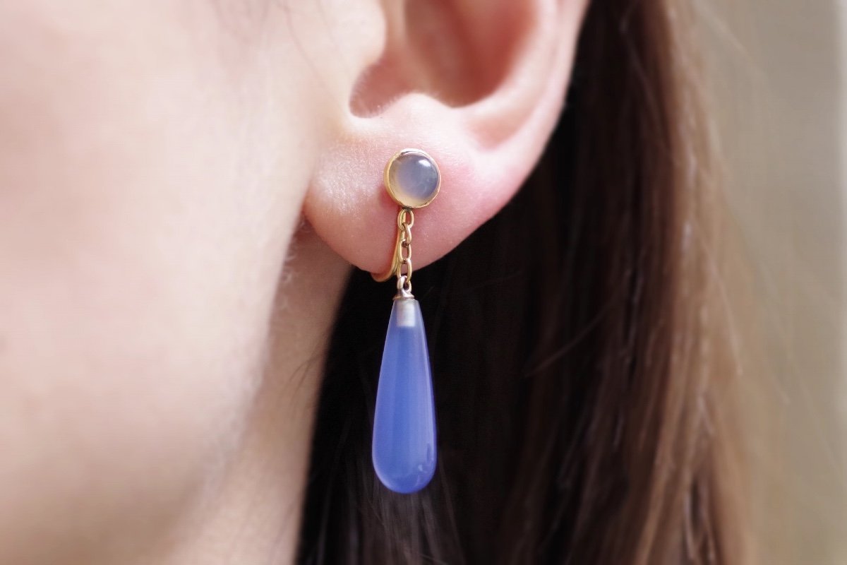 Boucles D’oreille Calcédoine Bleue En Or 18k, Clips d'Oreille, Pendants d'Oreille-photo-4