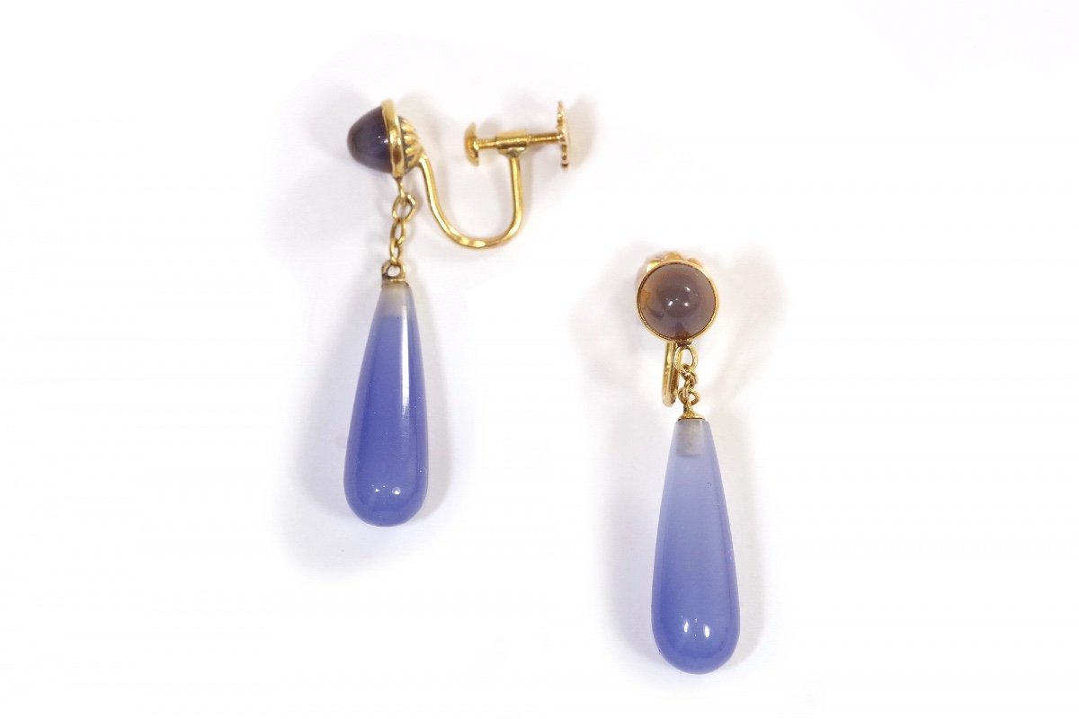 Boucles D’oreille Calcédoine Bleue En Or 18k, Clips d'Oreille, Pendants d'Oreille