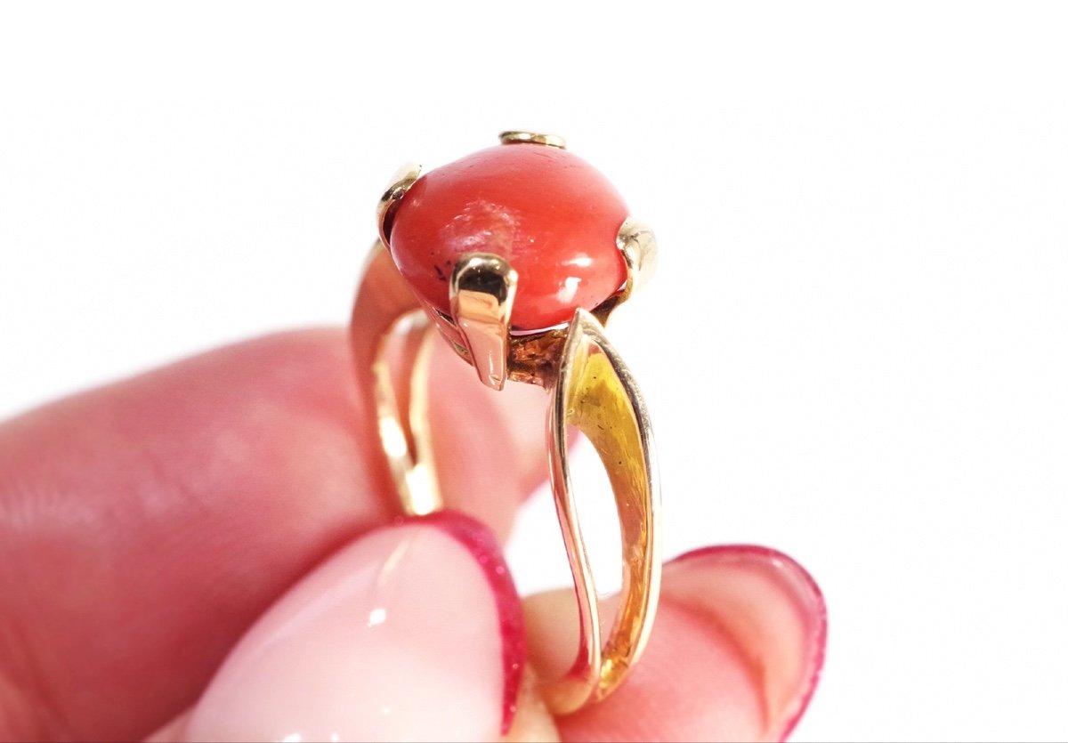 Bague Moderniste Corail En Or 18k, Bague Retro Corail, Bijou Vintage, Corail Orange