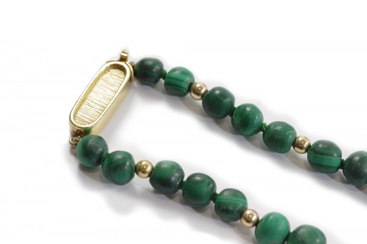 Collier Perles De Malachite Avec Fermoir En Or Jaune, Perles d'Or, Perles Malachite, Bijou 1970-photo-2