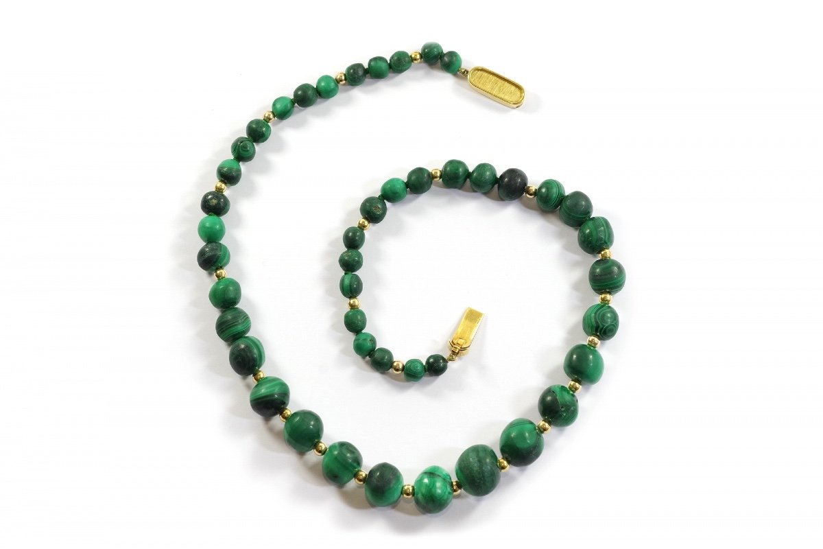 Collier Perles De Malachite Avec Fermoir En Or Jaune, Perles d'Or, Perles Malachite, Bijou 1970-photo-2