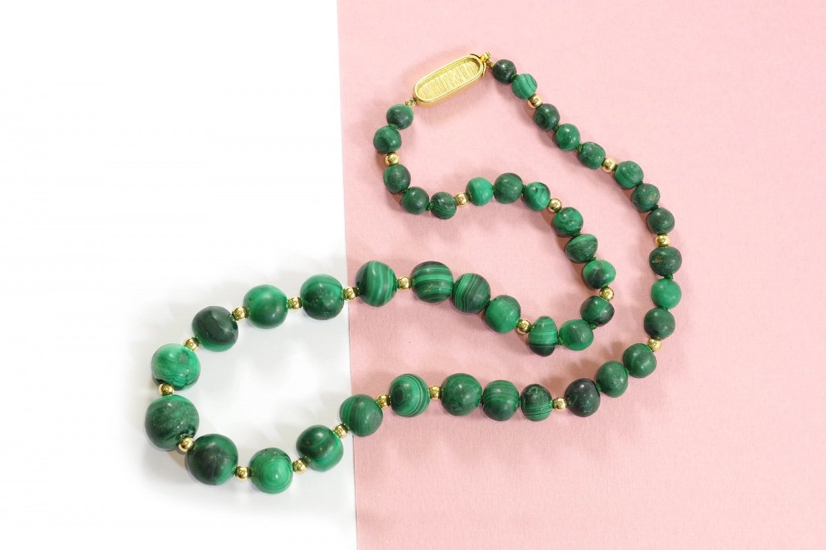 Collier Perles De Malachite Avec Fermoir En Or Jaune, Perles d'Or, Perles Malachite, Bijou 1970