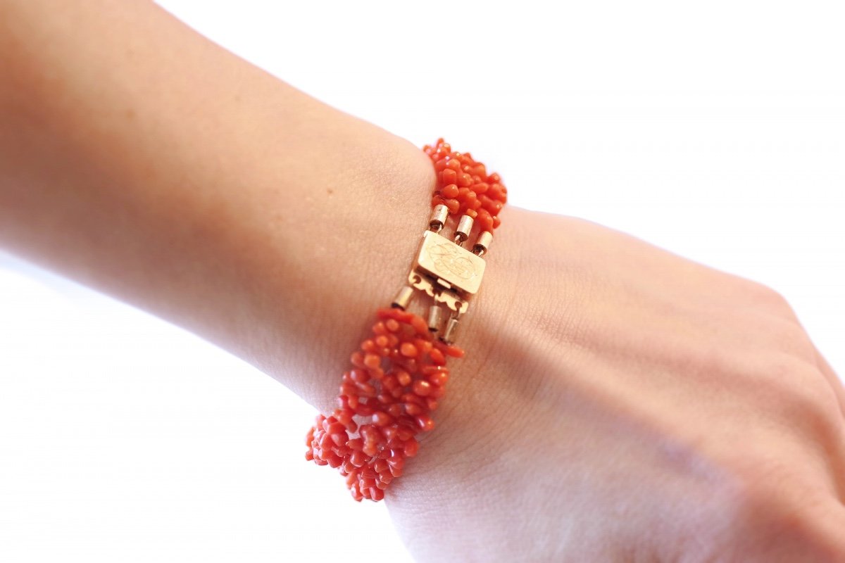 Bracelet Corail Fermoir En Or 18k, Bracelet Rangs De Corail, Chiffre Av, Monogramme-photo-2