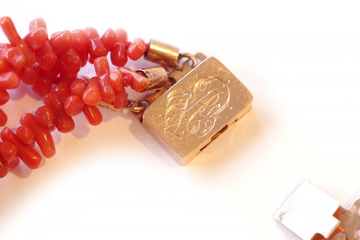 Bracelet Corail Fermoir En Or 18k, Bracelet Rangs De Corail, Chiffre Av, Monogramme-photo-2