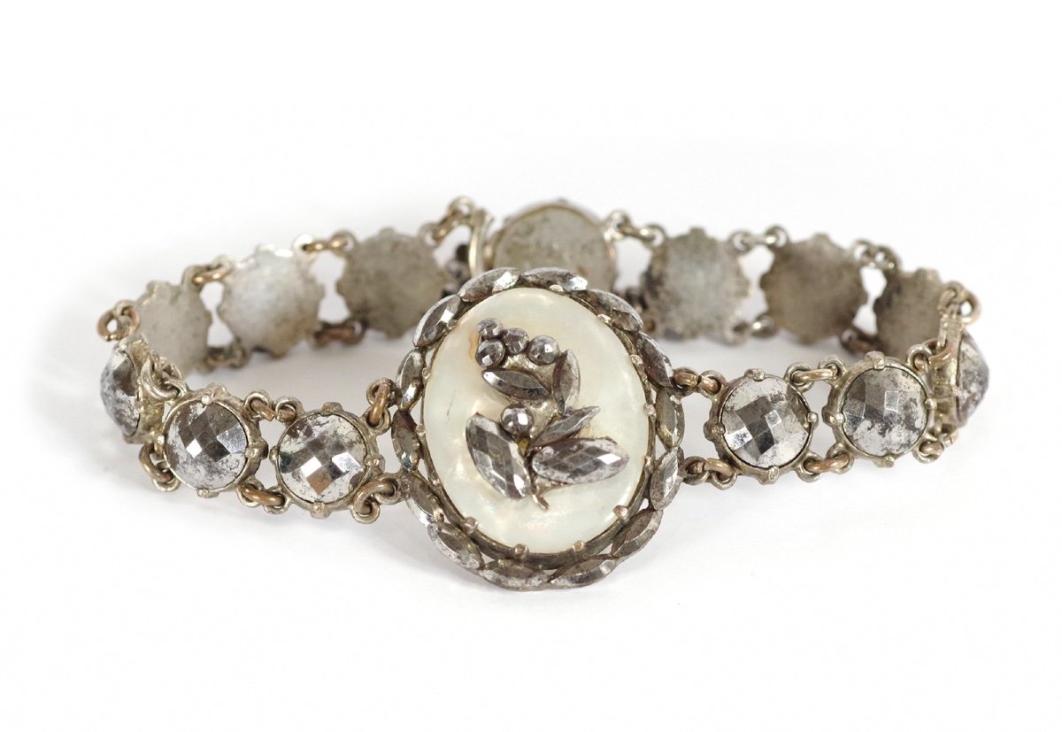 Antique Flower Cut Steel Bracelet With Circular Faceted Steel Links, Flower, Mother Of Pearl