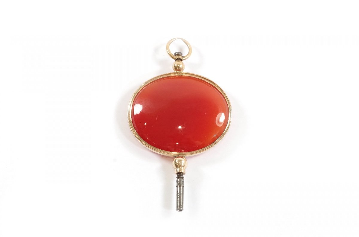 Victorian Carnelian Watch Key Pendant In 18k Gold, Metal, Antique Carnelian Pendant-photo-3