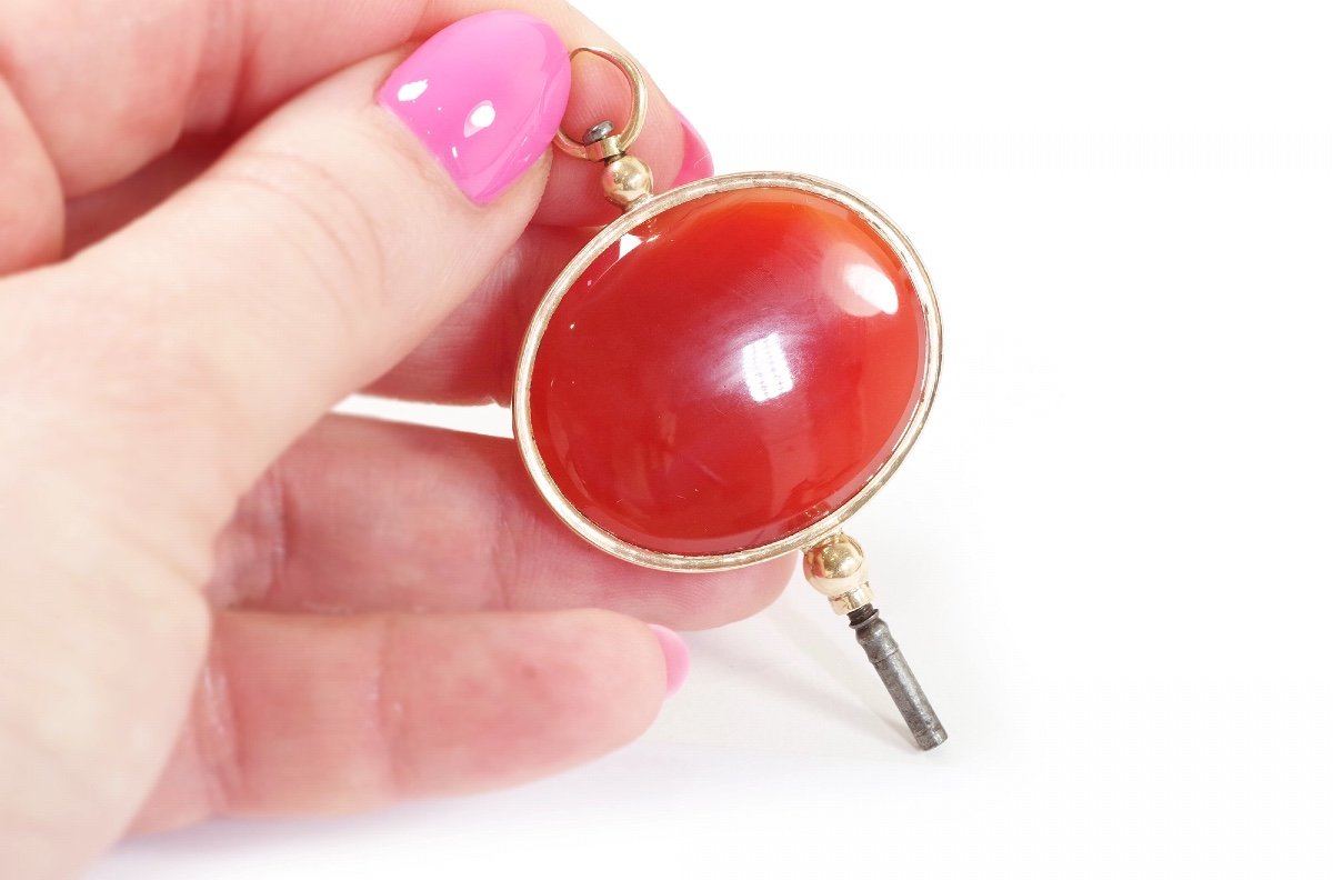 Victorian Carnelian Watch Key Pendant In 18k Gold, Metal, Antique Carnelian Pendant-photo-5