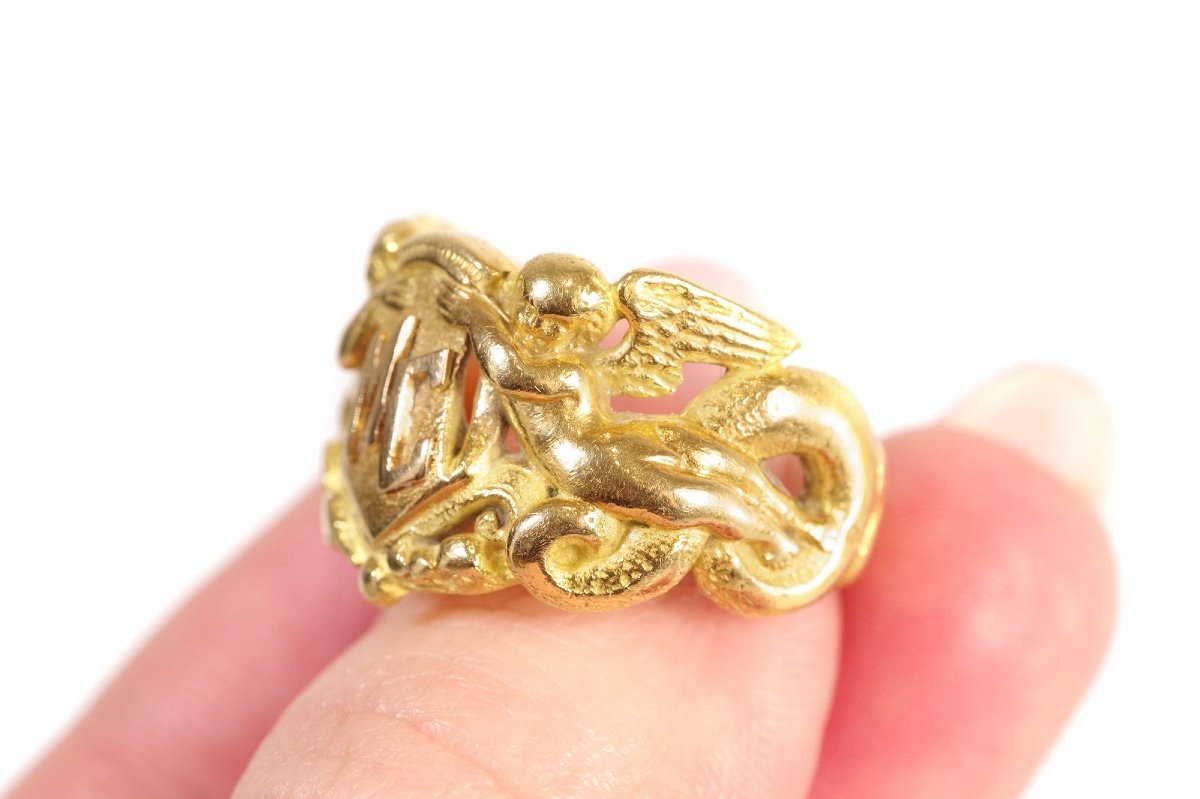 Art Nouveau Mc Signet Ring In 18k Gold, Angel, Demon, Snake, Bible Ring, Mythology, Signet Ring-photo-5