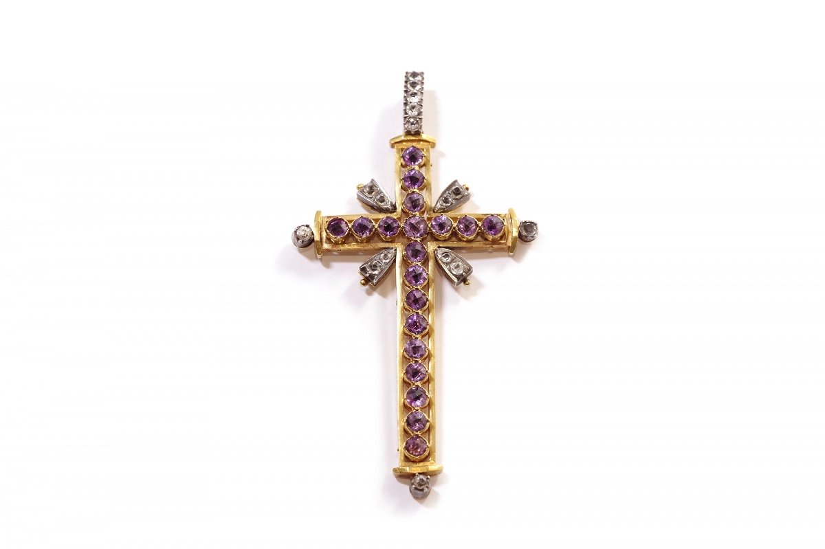 Grande Croix Religieuse Améthystes En Or 18k, Pendentif Croix Chrétienne, Améthystes